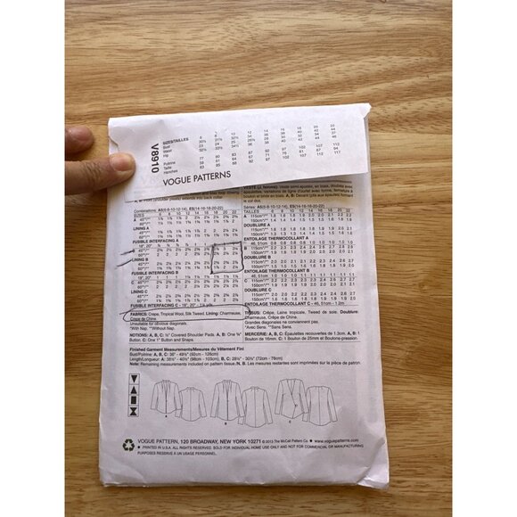 Vogue #V8910 Women's  Semi-Fitted Lined Jackets Sewing Pattern - Size 14-22 - Picture 4 of 6